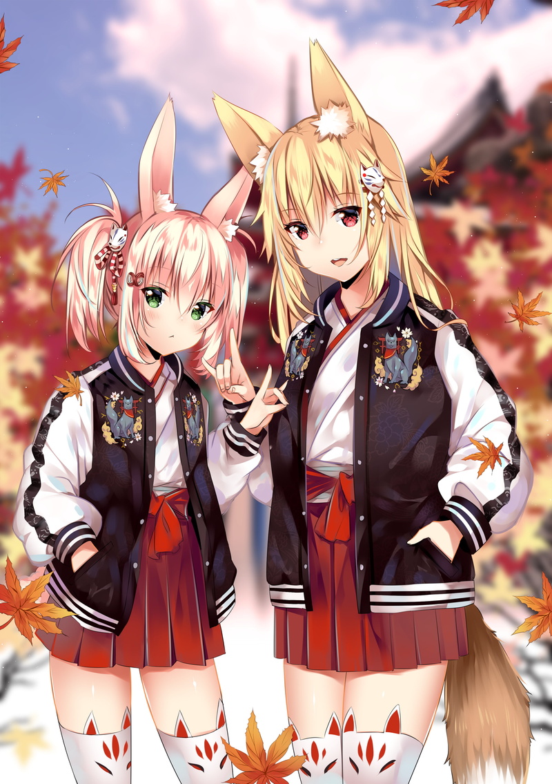 2K, fun, long hair, real people, disguise, costume, pink hair, holding, green eyes, two people, mask - disguise, animal ears, obscured face, tail, unrecognizable person
