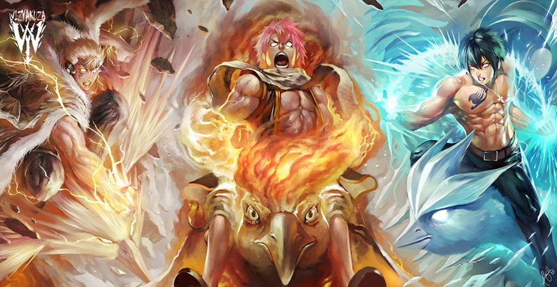 character, Moltres (Pokémon), 720P, Articuno (Pokémon), Pokémon, Crossover, Fairy Tail, Natsu Dragneel, digital, Laxus Dreyar, Gray Fullbuster, Anime