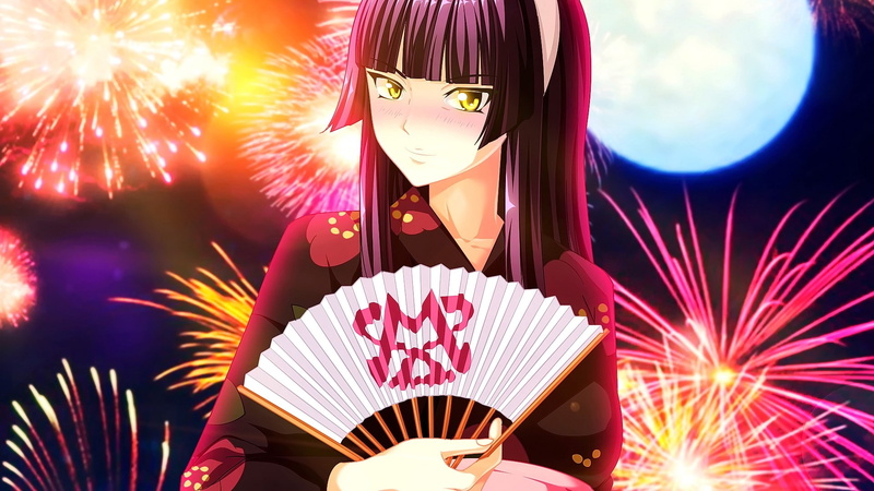 anime girls, Mikazuchi Kagura, focus on foreground, festival, real people, event, fans, holding, mask, celebration, outdoors, anime, front view, one person