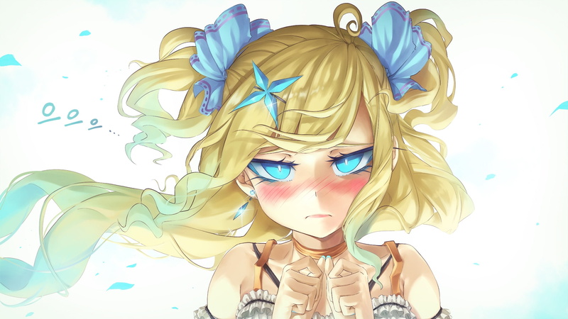 fashion, face portrait, art and craft, angry expression, 1080P, blonde, Anime, indoors, representation, hair, white background, ribbons, anime girl, close-up