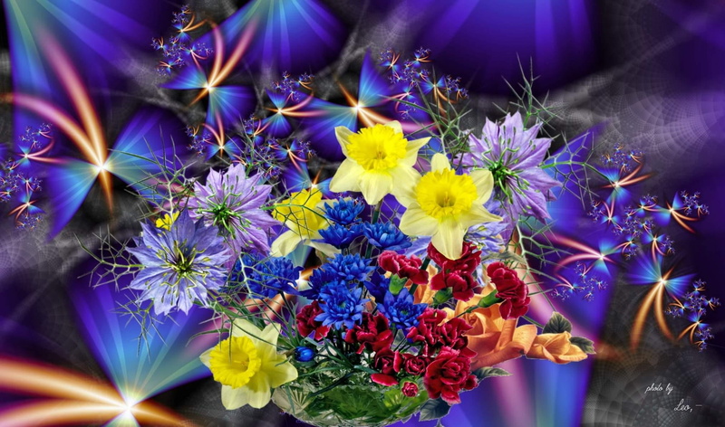 pink, red, flower, nature and landscapes, bouquet, 1080P, flowers, roses, nigella, mosaics, yellow, daffodils, violet