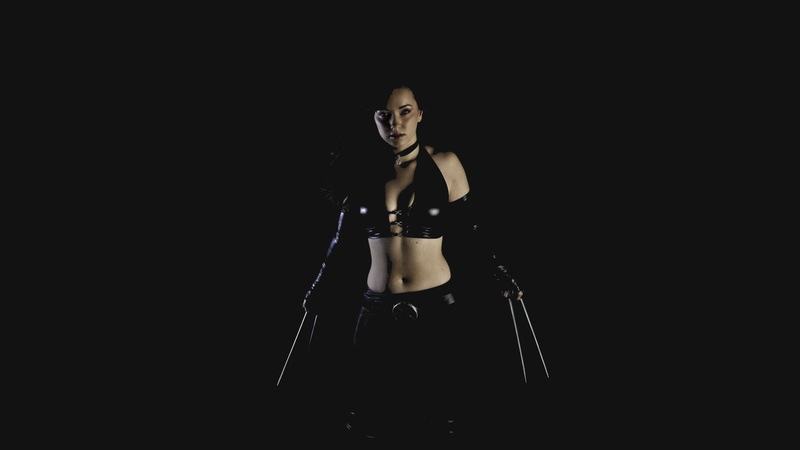 adult, standing, black background, X-23, dark, clothing, young adult, studio shot, sitting, beautiful woman, front view, indoors, Women, Cosplay, cut out