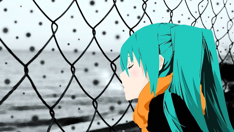 anime girls, chain-link, long hair, 1080P, Hatsune Miku, cold, open mouth, anime, winter, aqua hair, Vocaloid, snow