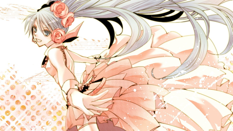 dress, hair, long, highs, hatsune, white, vocaloid, bare, girls, flower, flowers, open, anime, eyes, stockings, headsets, bangs, cuffs, twintails, back