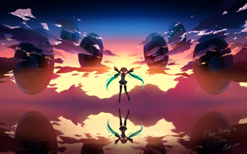 Anime Girls, clouds, vocaloid, Hatsune Miku, Aqua Hair, Tie, Bangs, sky, reflection, Open Mouth, Closed Eyes, thigh, Speakers, 1080P, twintails, highs