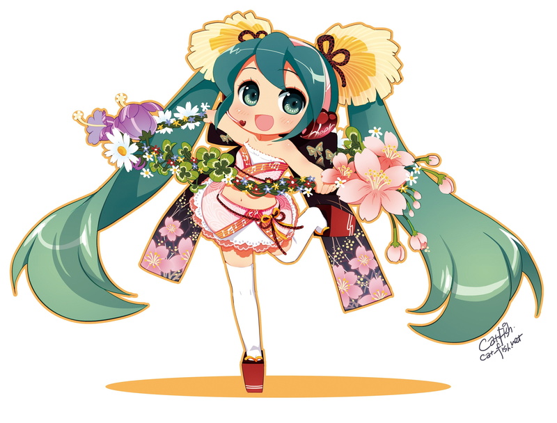 tube, bone, highs, hair, hatsune, simple, chibi, stockings, eyes, skirts, sandals, white, anime, ornaments, green, open, blush, clothes, 2K, top, thigh