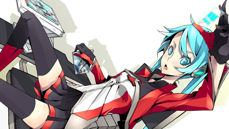bangs, mouth, long, open, gloves, thigh, aqua, eyes, vocaloid, boots, highs, 1080P, sitting, twintails, stockings, black, hair, miku, hatsune, girls, anime