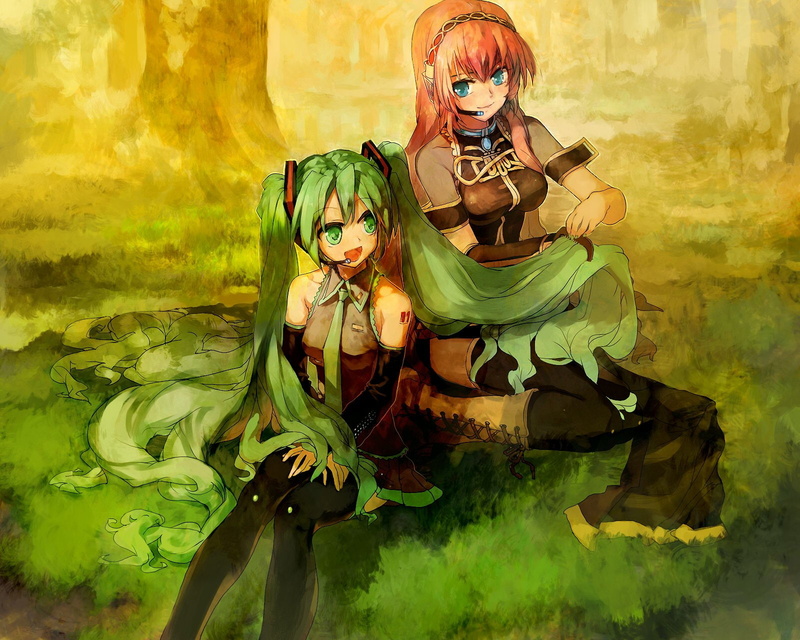 green, megurine, outdoors, twintails, luka, girls, sitting, trees, highs, long, pink, mouth, grass, boots, tattoos, skirts, hair, nail, nature, blue, eyes