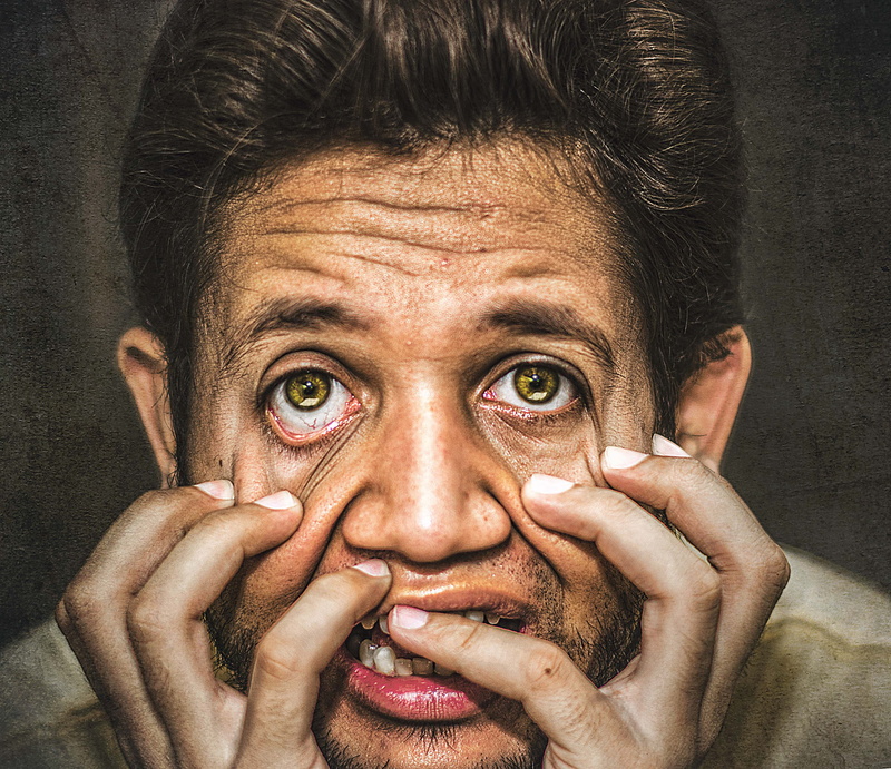 headshot, indoors, fear, real people, scared, scare, man, one person, sharp eyes, mouth open, hdr, surprise, boy, body part, mature adult, adult, human face