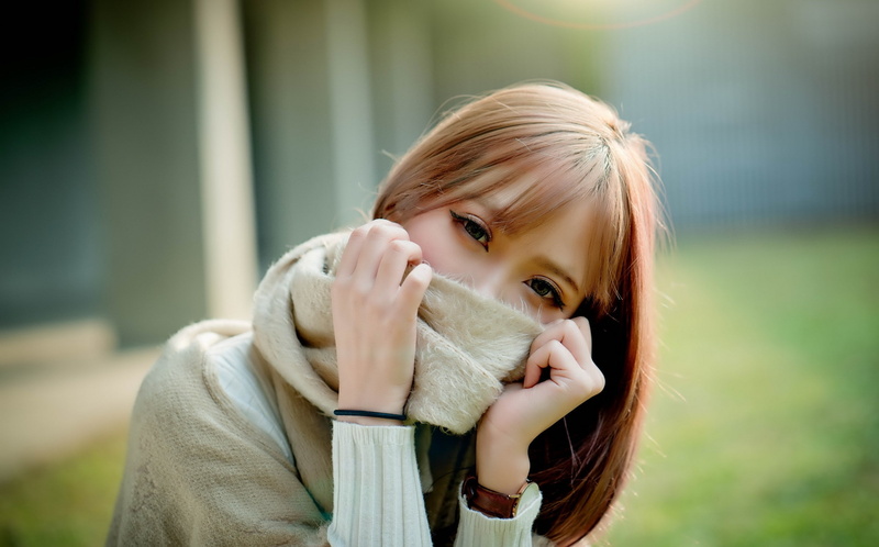 beautiful woman, day, front view, scarf, portrait, hairstyle, headshot, Asian, one person, face, young women, hands covering mouth, real people, leisure activity