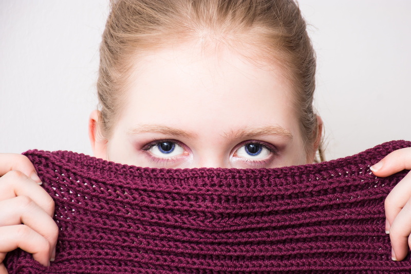 blue eyes, unknown, human face, obscured face, female, looking at camera, turtleneck, curious, uncertain, intense gaze, blue eye, close-up, unclear, pretty