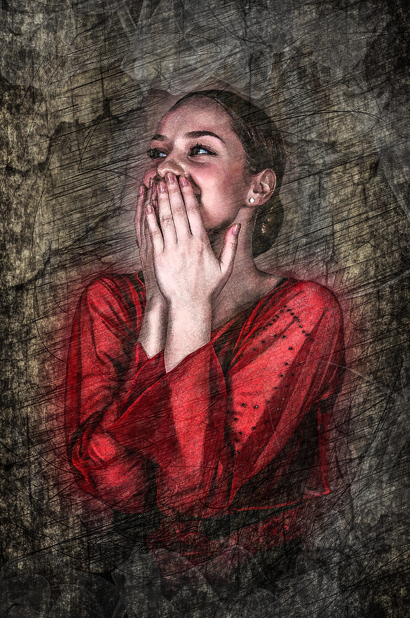 one person, happy, red top, emotion, adult, portrait, hands covering mouth, indoors, front view, casual clothing, woman, vintage, close-up, young women