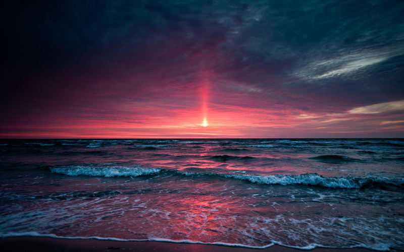 sky, decline, coast, horizon, waves, evening, whisper, beach, sea, foam, pink, 2K, gray