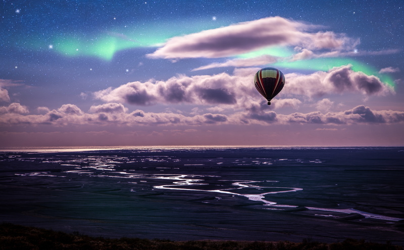 visit, beauty in nature, air vehicle, Travel, Aurora, Journey, hotairballoon, scenics - nature, air, Outdoors, Balloon, tranquility, motion, horizon over water