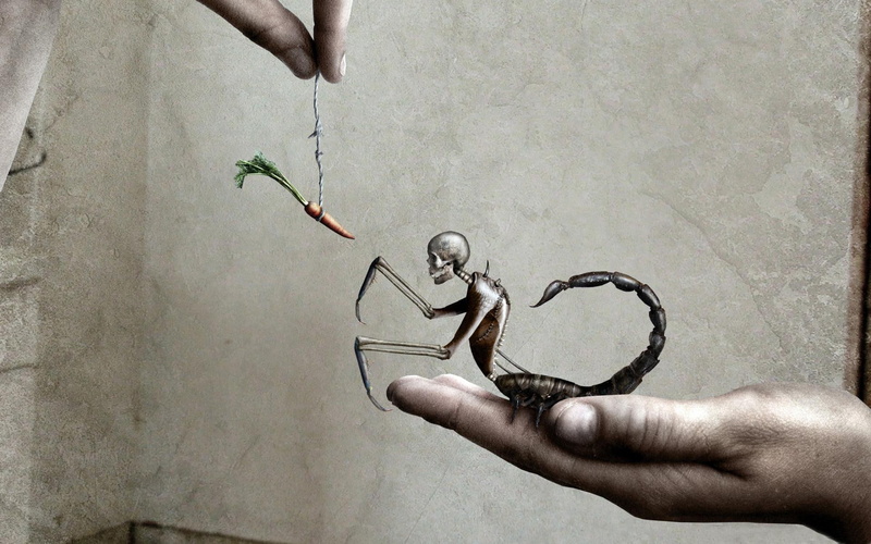 painting, aiming, 3d and abstract, skeleton, mind, dangle, scorpion, fantasy, 3d, 1080P, imagination, carrot, hands