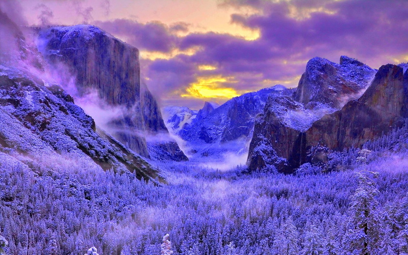 mist, valley, 3d and abstract, 1080P, yosemite, sunset, winter, mountain, foggy, national park