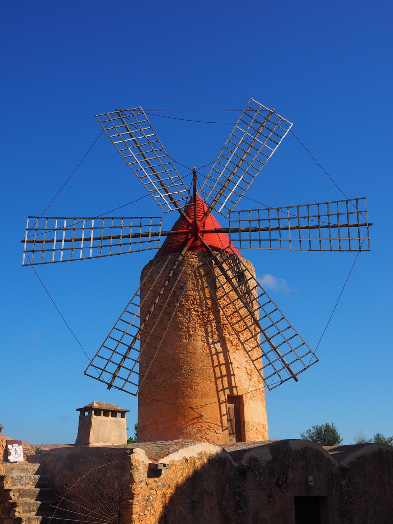 blue, energy, clear sky, building exterior, balearic islands, mallorca, fuel and power generation, technical building, mill wing, outdoors, historically