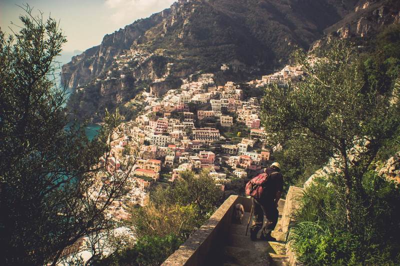 backpack, warm days, lifestyles, city, people, plant, heaven, italy, view, men, day, 5K, ocean, tree, positano, built structure, leisure activity, residential district