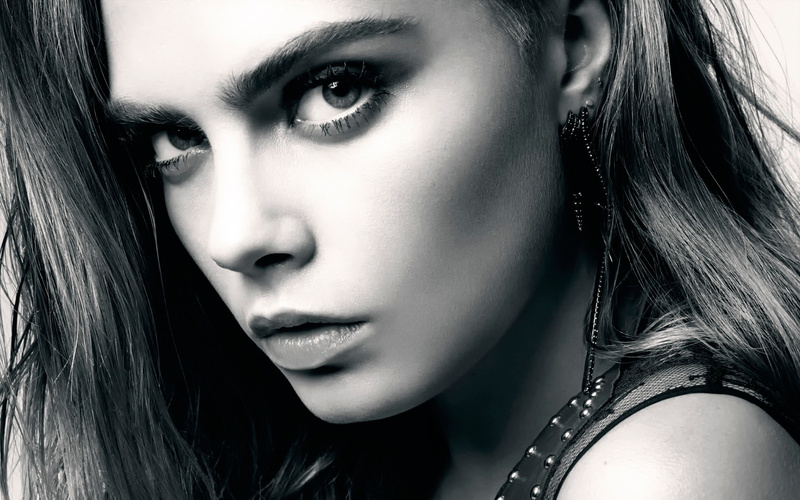 long hair, actress, model, women, face, 4K, monochrome, Cara Delevingne