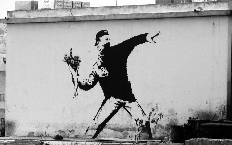 graffiti, grayscale, 720P, monochrome, banksy