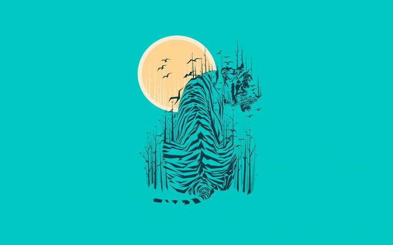 studio shot, cut out, full, painting, 1080P, colored background, animal, nature, tiger, green color, drawing - art product, blue, moon, animals, paper