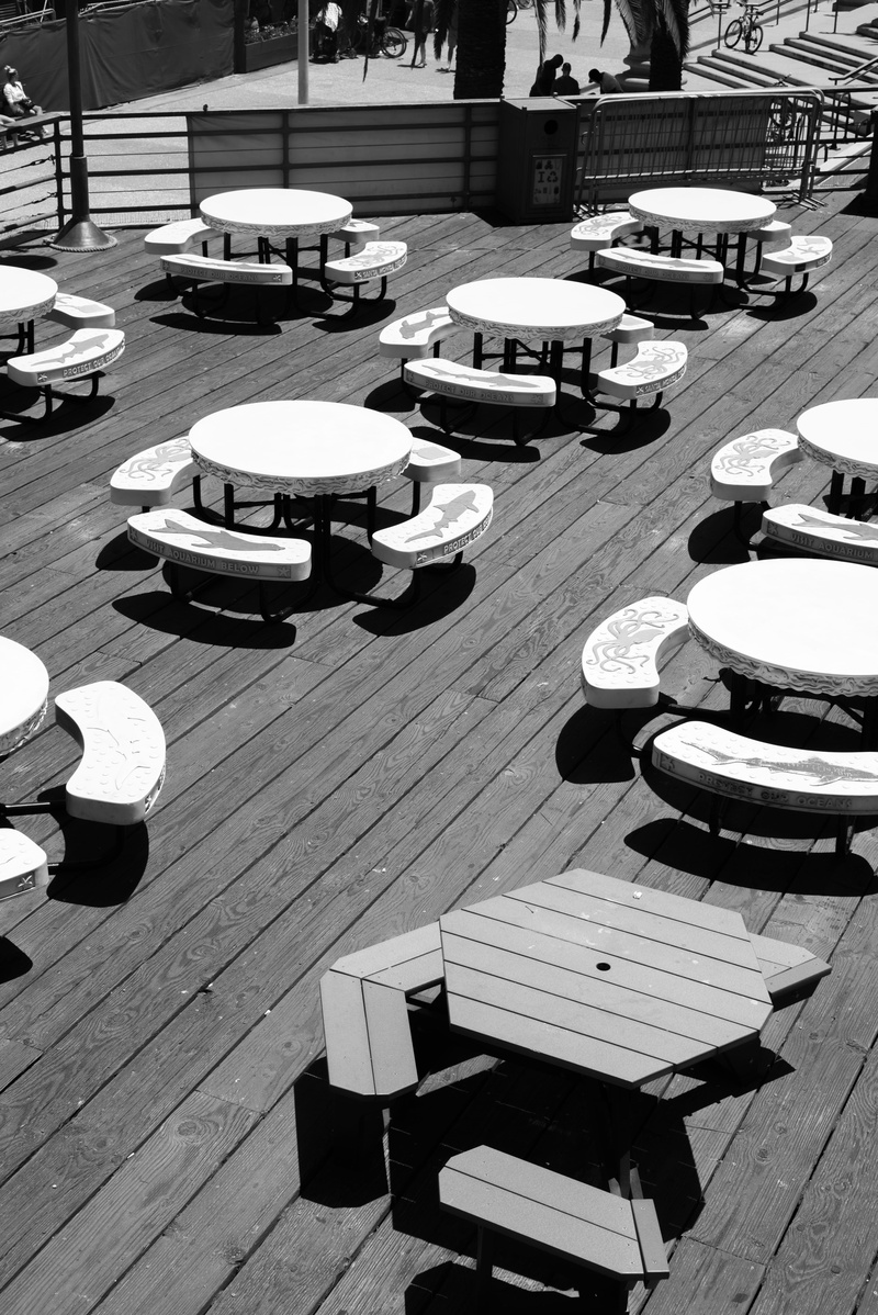high angle view, santa monica pier, relaxation, motor vehicle, united states, blak and write, seat, 5K, day, table, absence, chair, outdoors, mode of transportation
