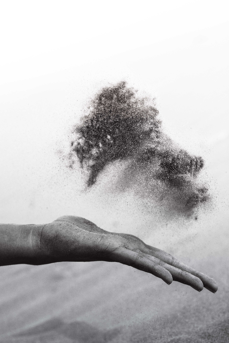 day, grayscaled, close-up, finger, black and white, detail, real people, nature, lifestyles, spreading, dust, s, desert, throwing, unrecognizable person