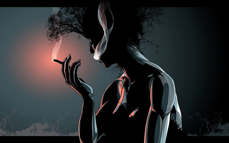 human, hd, 720P, hair, illustration, woman, artistic, smoking, tree