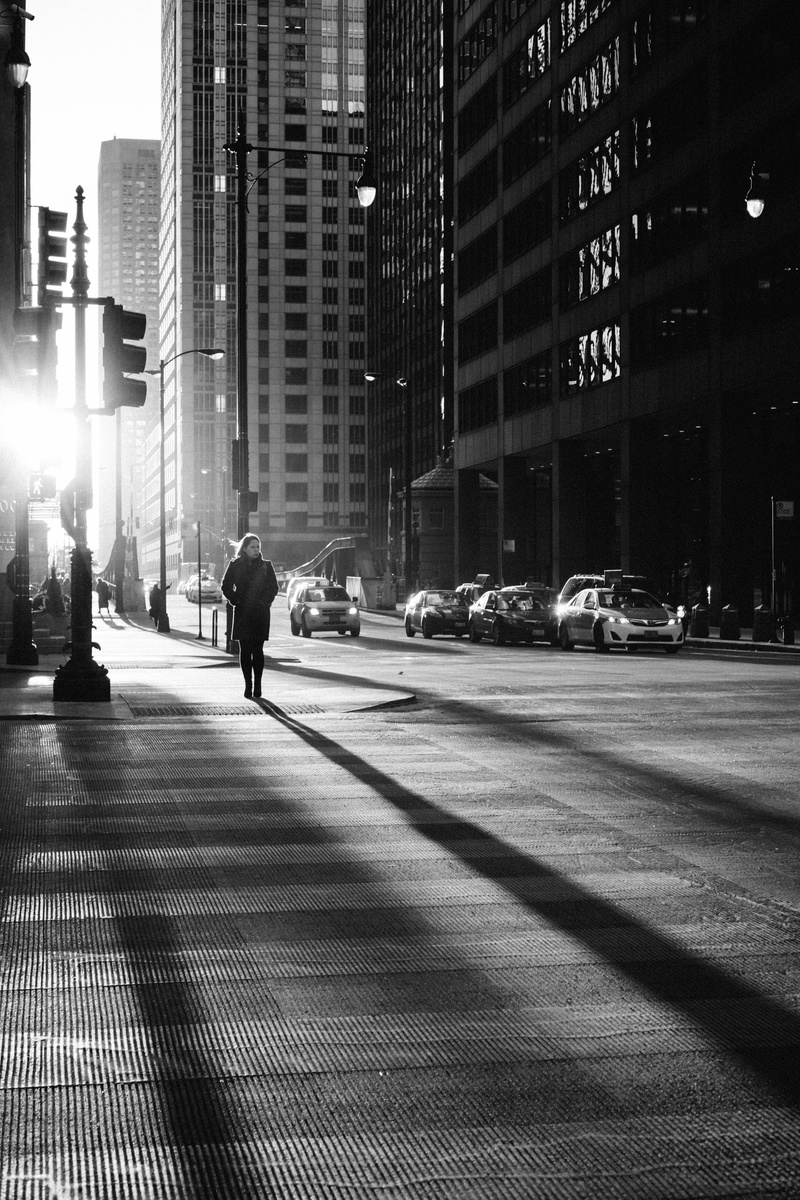 busy, long, illuminated, people, city street, blak and white, 5K, road, sunlight, building exterior, mode of transportation, land vehicle, skyscraper