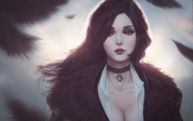 portrait, cleavage, Yennefer of Vengerberg, dark hair, The Witcher, The Witcher 3: Wild Hunt, witch, fan art, crow, 1080P