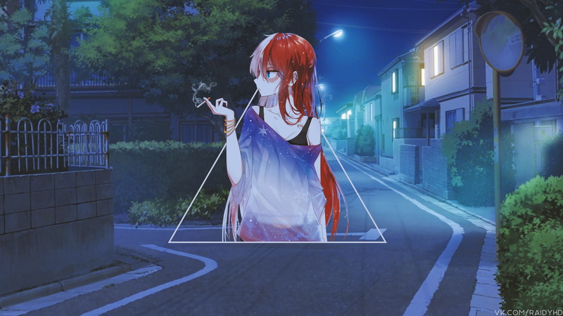 4K, picture-in-picture, anime, smoking, anime girls, urban, night, redhead