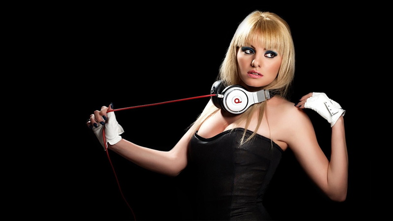 Alexandra Stan, blond hair, one person, beautiful people, looking at camera, adult, studio shot, 1080P, black background, Beats by Dre , glamour, fashion