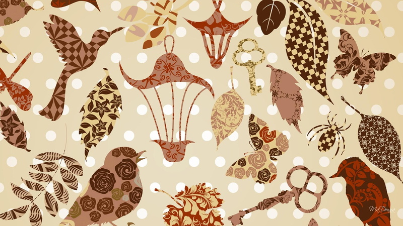bird cages, 1080P, birds, brown, nature, quilt, patterns, red, butterfly, browns, abstract, vintage, textile, papillon, keys, fall, black, drag