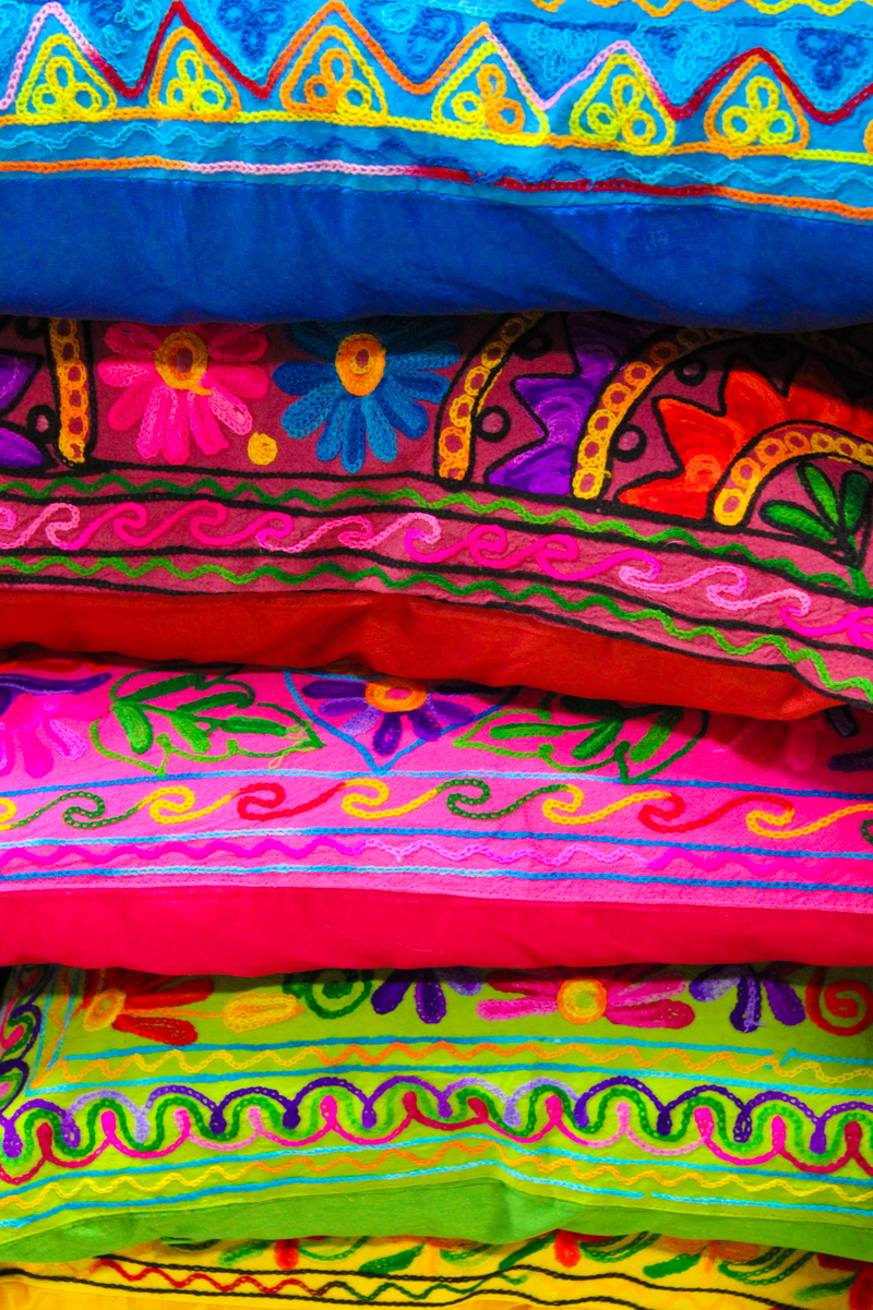 red, bright, creativity, clothing, embroidered, apparel, ethnicity, culture, multi colored, craft, blue, pattern, variation, pillows, furniture, different