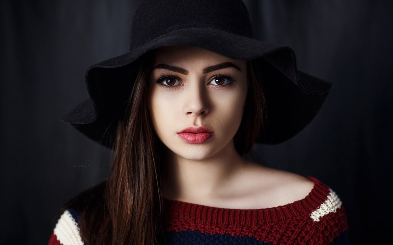 face, portrait, 1080P, millinery, brunette, looking at viewer, women, hat, brown eyes