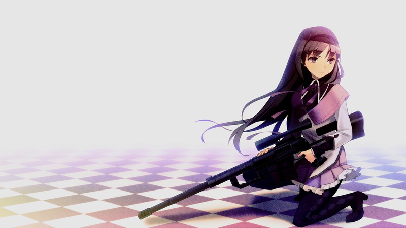 gun, anime, anime girls, purple, copy space, long hair, technology, young women, headscarf, Mahou Shoujo Madoka Magica, tiled floor, women, one person