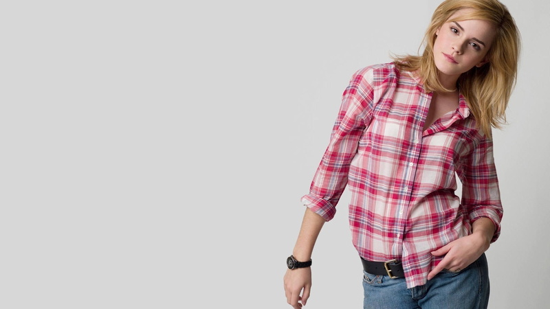 plaid shirt, simple background, casual clothing, copy space, blond hair, checked pattern, hairstyle, beautiful woman, hair, studio shot, front view, indoors