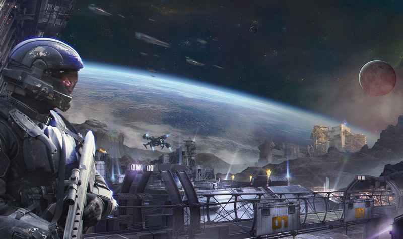 ships, colony, air vehicle, planet - Space, helmet, 1080P, men, star - Space, alien, airplane, standing, mode of transportation, sky, digital, halo, art