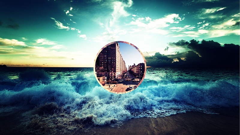 body, 1080P, wave, water, sea, outdoors, horizon over water, digital art, polyscape, horizon, no people, circle, reflection, cloud - sky, nature, day