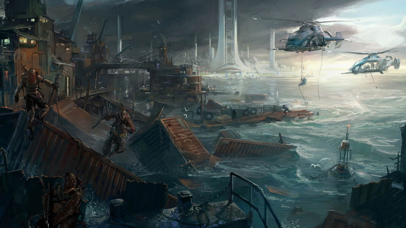 helicopters, brink, sea, 1080P, fan art, city