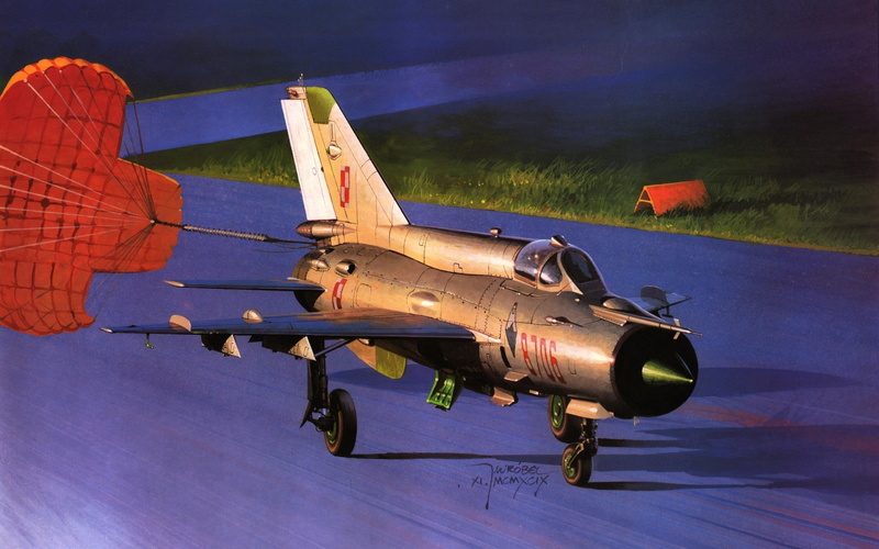 released, landing, a parachute., brake, the plane, multipurpose, The MiG-21, 2K, Soviet, the, fighter, common, combat, art, the world, supersonic