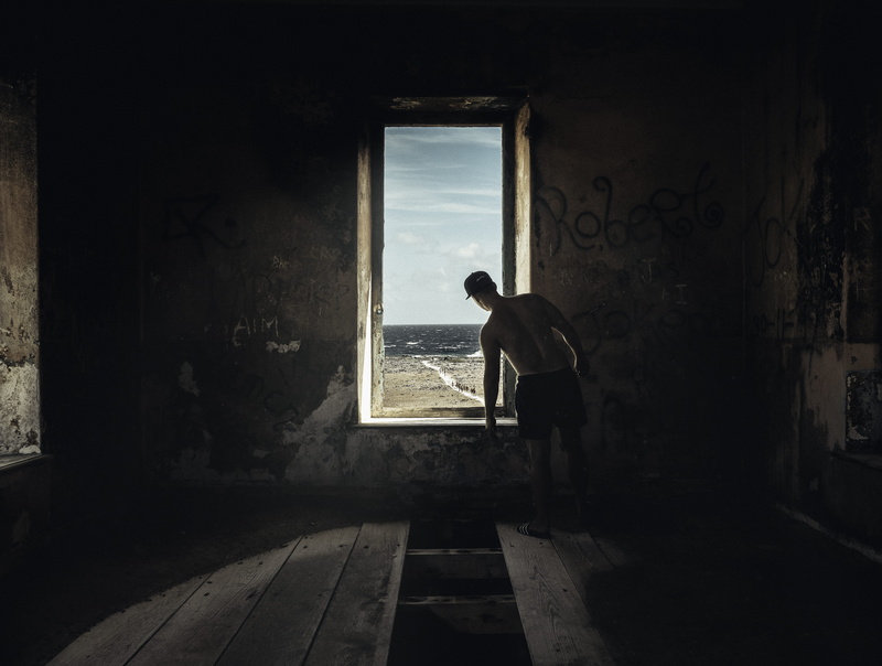 day, person, sunlight, men, standing, full length, horizontal, deterioration, trouble, cap, nature, dark, sea, indoors, abandoned, wooden floor, urban