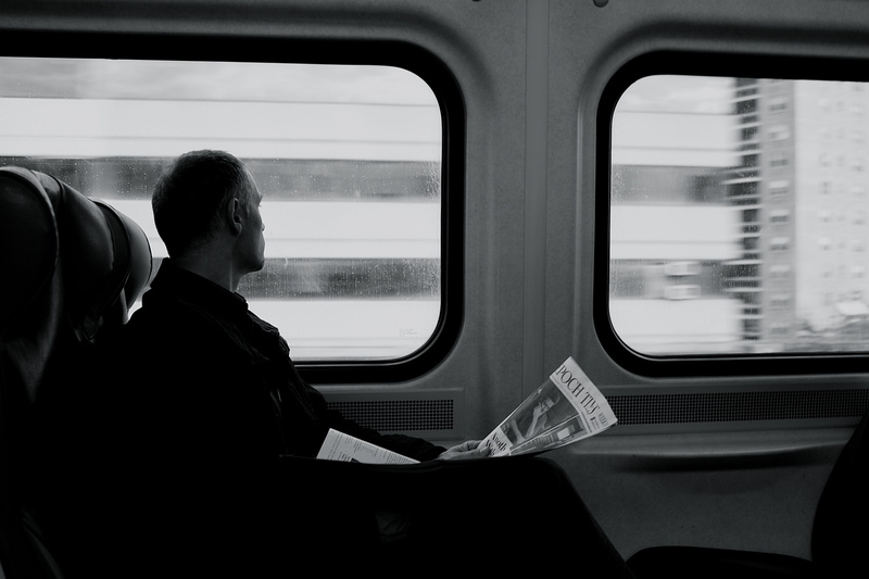 photo, 4K, real people, city, grayscale, window, land vehicle, mode of transportation, person, men, transportation, photography, seat, reading, train