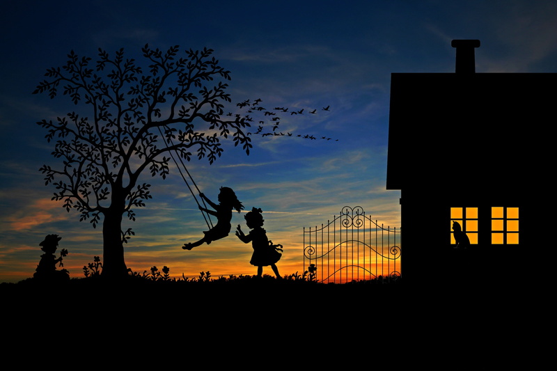 Playing kids, Children, 4K, Silhouette, 4K, Sunset, Girls