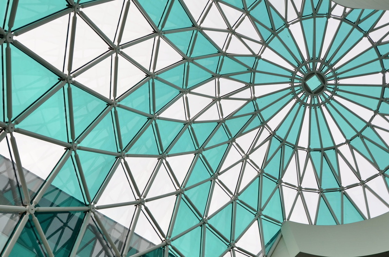 circle, low angle view, dome, colorful, pattern, ceiling, architectural feature, modern, color, triangular, skylight, design, decoration, building exterior