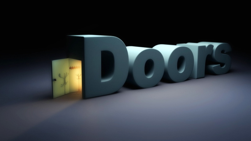digital art, western script, indoors, 1080P, blue, illuminated, close-up, capital letter, door, group of objects, lights, minimalism, no people, number