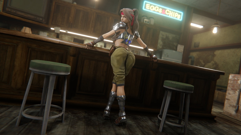 armor, ponytail, CGI, fan art, headband, artwork, video games, 5K, 3D, Final Fantasy, digital art, video game girls, Jessie Rasberry, bar, brunette, behind