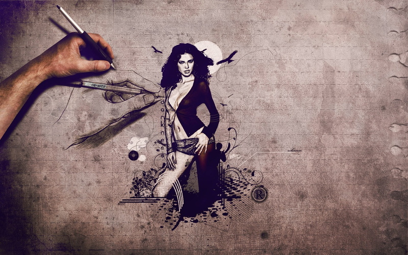 selective coloring, birds, long hair, Sun, lifestyles, high angle view, hands, digital art, face, drawing, people, representation, open mouth, human representation