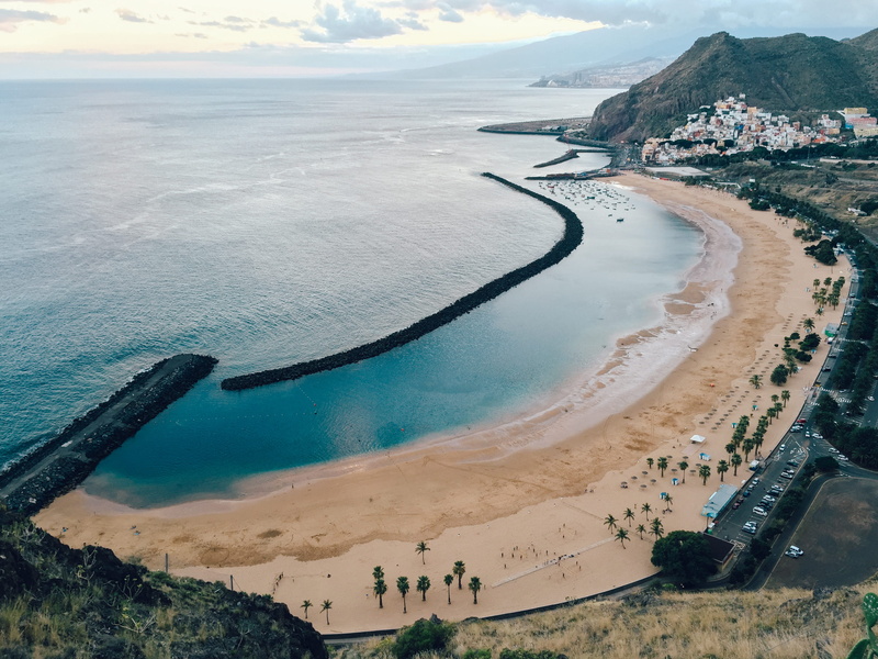 sky, aerial view, playa de teresitas, santa cruz de tenerife, tranquil scene, water, beauty in nature, 2K, nature, scenics - nature, idyllic, travel, tranquility