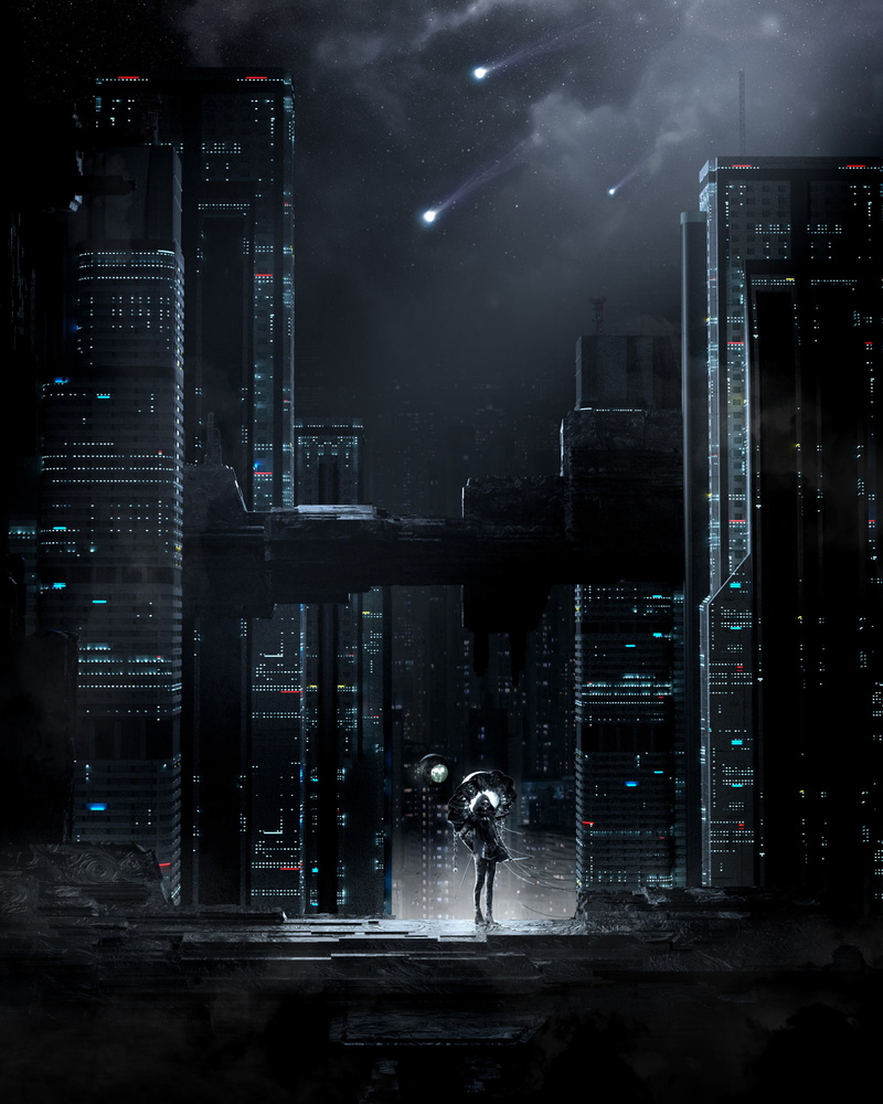 silhouette, futurism, buildings, 1080P, city, night